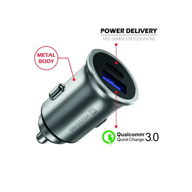 Adaptor Swissten  cu port USB-C + Quick Charge 3.0 36W Metal 