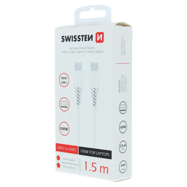 Cablu de date Swissten TPE USB-C/USB-C Putere 5A (100W) 1,5 m Alb
