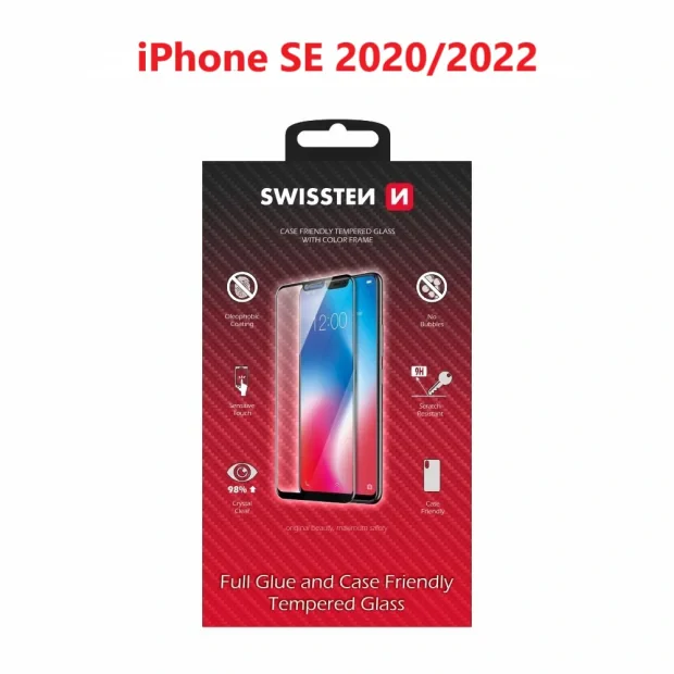 Swissten Glass Full Glue, cadru de culoare, Case friendly Apple iPhone  SE 2020/SE 2022 Negru