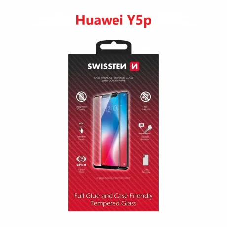 Swissten Glass Full Glue, cadru de culoare, Case friendly Huawei y5p Negru