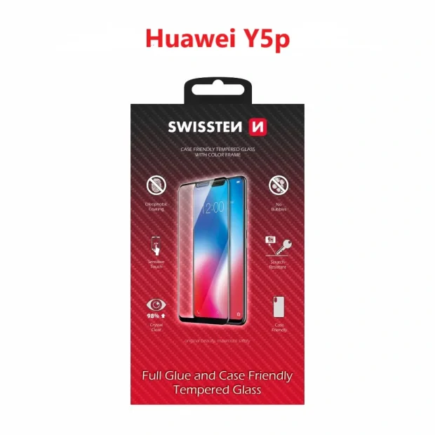 Swissten Glass Full Glue, cadru de culoare, Case friendly Huawei y5p Negru