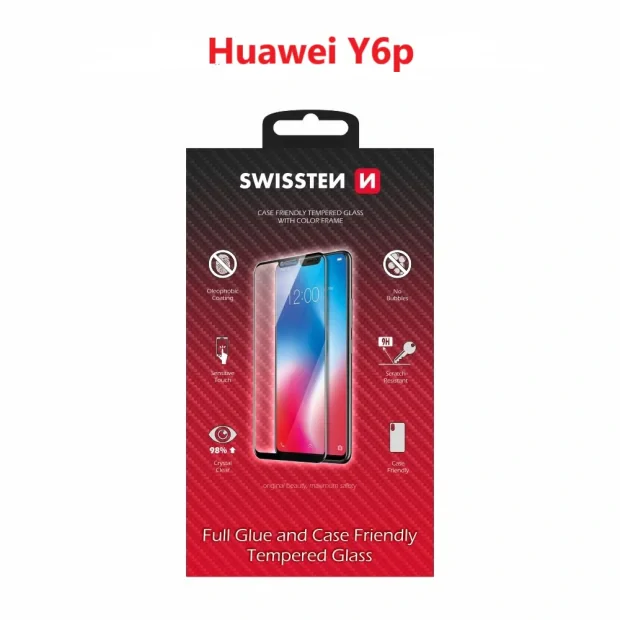 Swissten Glass Full Glue, cadru de culoare, Case friendly huawei y6p Negru