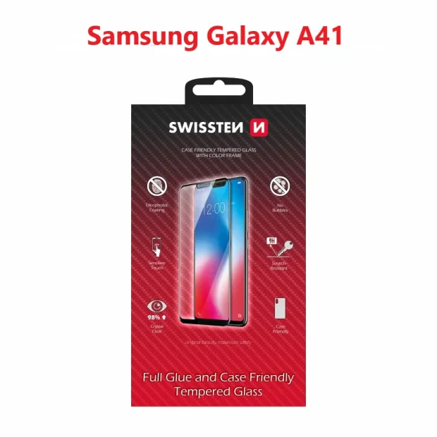  Swissten Glass Full Glue, cadru de culoare, Case friendly Samsung A415 Galaxy A41 Negru