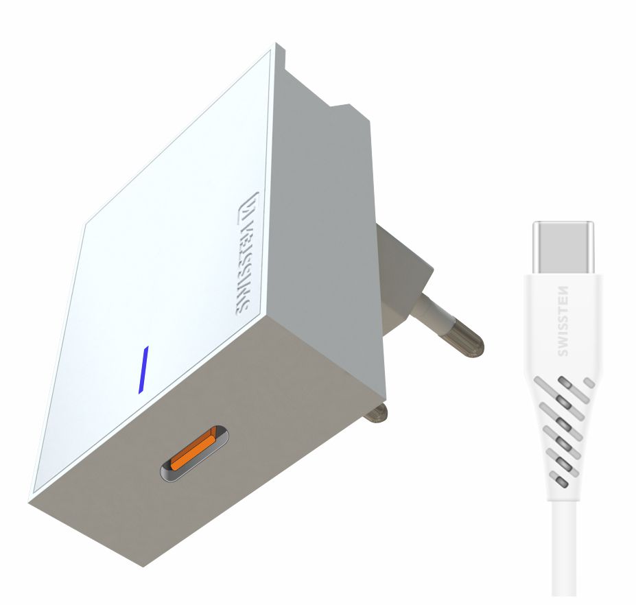 Adaptor Swissten Travel Super Charging 25W + Cablu de date USB-C/USB-C 1,2 m Alb thumb