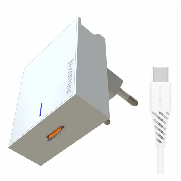 Adaptor Swissten Travel Super Charging 25W + Cablu de date USB-C/USB-C 1,2 m Alb