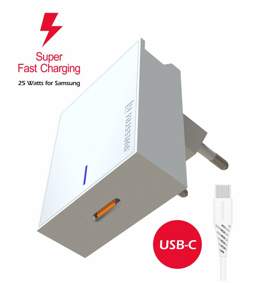 Adaptor Swissten Travel Super Charging 25W + Cablu de date USB-C/USB-C 1,2 m Alb thumb