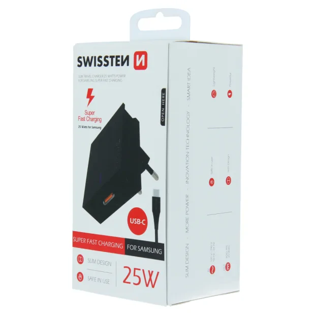 Adaptor Swissten Travel  Super Charging 25W + USB-C/USB-C 1,2 m Cablu de date Negru