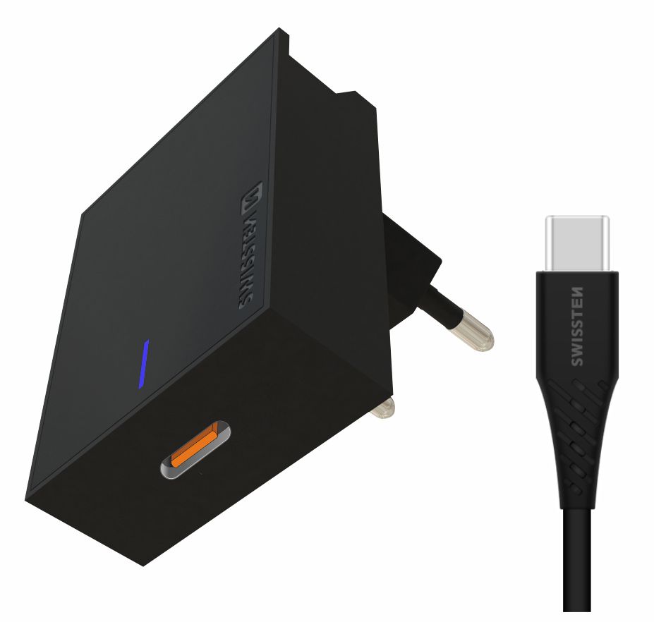 Adaptor Swissten Travel  Super Charging 25W + USB-C/USB-C 1,2 m Cablu de date Negru thumb
