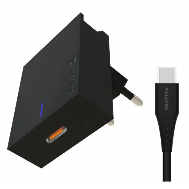 Adaptor Swissten Travel  Super Charging 25W + USB-C/USB-C 1,2 m Cablu de date Negru