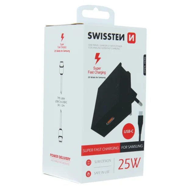 Adaptor Swissten Travel  Super Charging 25W + USB-C/USB-C 1,2 m Cablu de date Negru