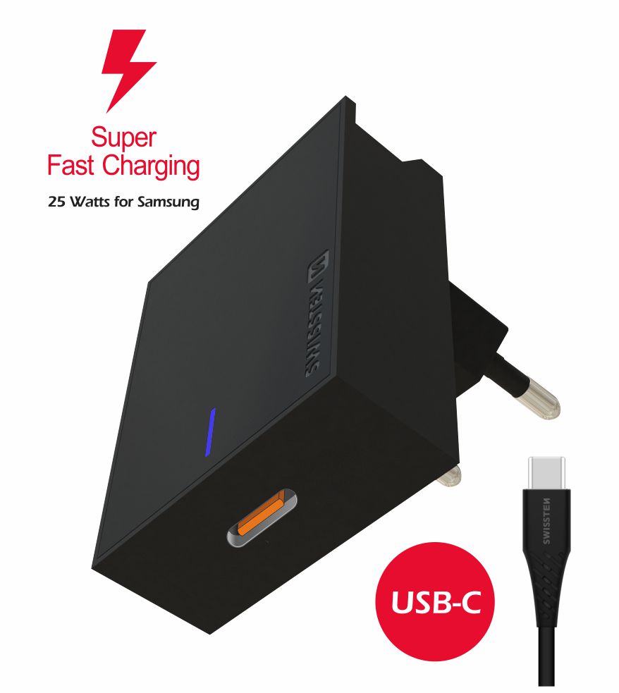 Adaptor Swissten Travel  Super Charging 25W + USB-C/USB-C 1,2 m Cablu de date Negru thumb