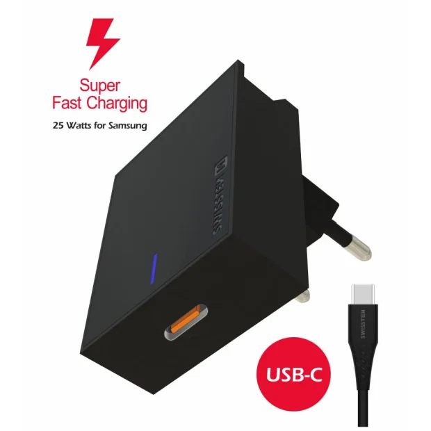 Adaptor Swissten Travel  Super Charging 25W + USB-C/USB-C 1,2 m Cablu de date Negru