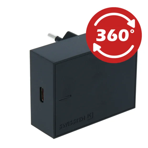 Adaptor Swissten Travel  Super Charging 25W + USB-C/USB-C 1,2 m Cablu de date Negru