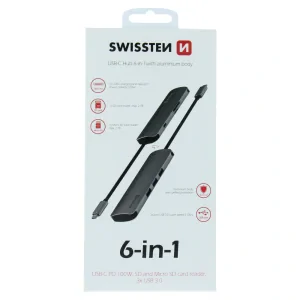 Swissten USB-C Hub 6-in-1 (USB-C PD, 3X USB 3.0, SD, Micro SD) Aluminiu