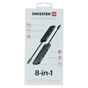 Swissten USB-C Hub 8-in-1 (USB-C PD, HDMI 4K, LAN RJ45, 3X USB 3.0, SD, Micro SD) Aluminiu