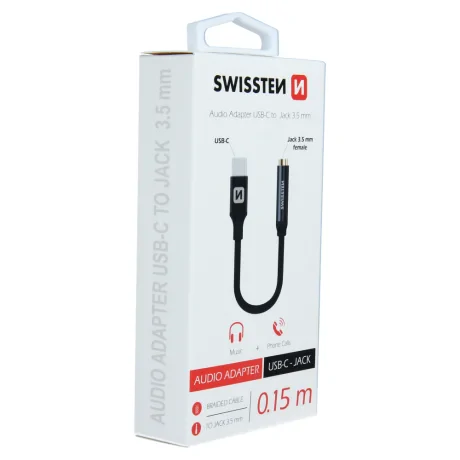 Adaptor audio Swissten textil USB-C/Jack (mama) 0,15 M Negru