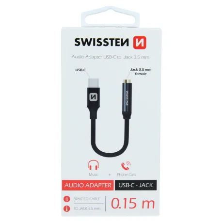 Adaptor audio Swissten textil USB-C/Jack (mama) 0,15 M Negru