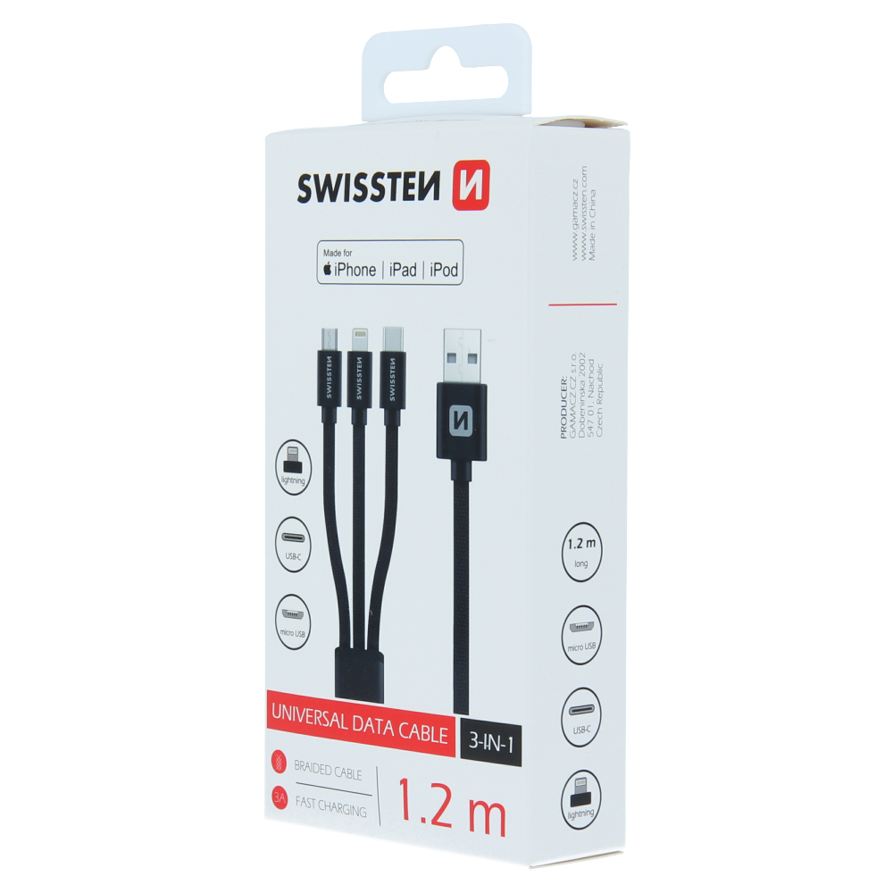 Cablu de date Swissten textil 3in1 MFI 1,2 m Negru thumb