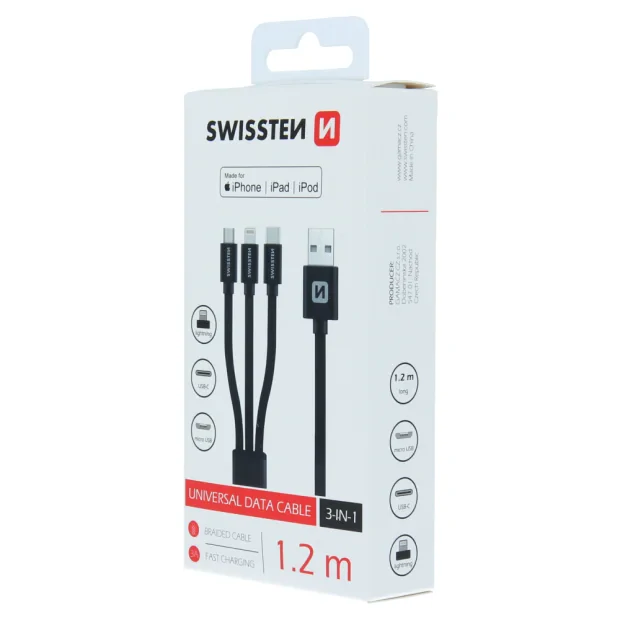 Cablu de date Swissten textil 3in1 MFI 1,2 m Negru