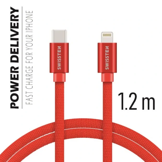 Cablu de date Swissten textil USB-C / Lightning 1,2 m Rosu