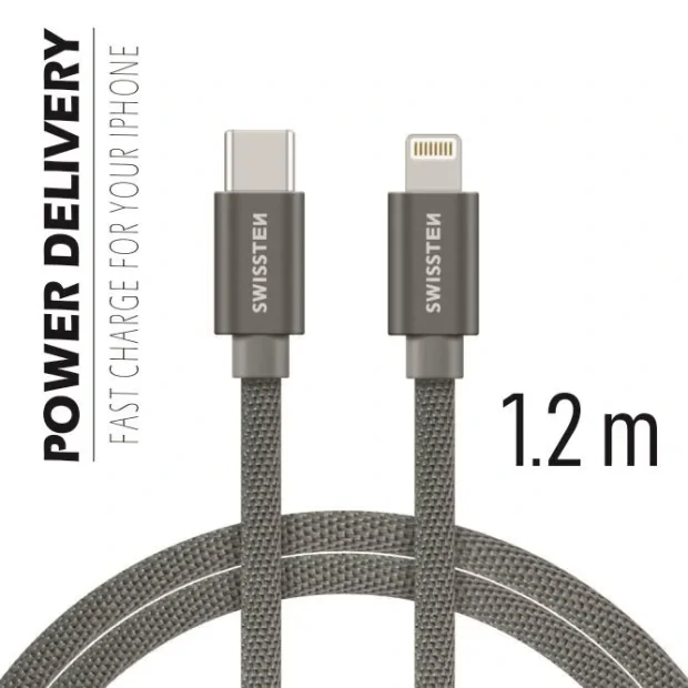 Cablu de date Swissten textil USB-C / Lightning 1,2 m gri