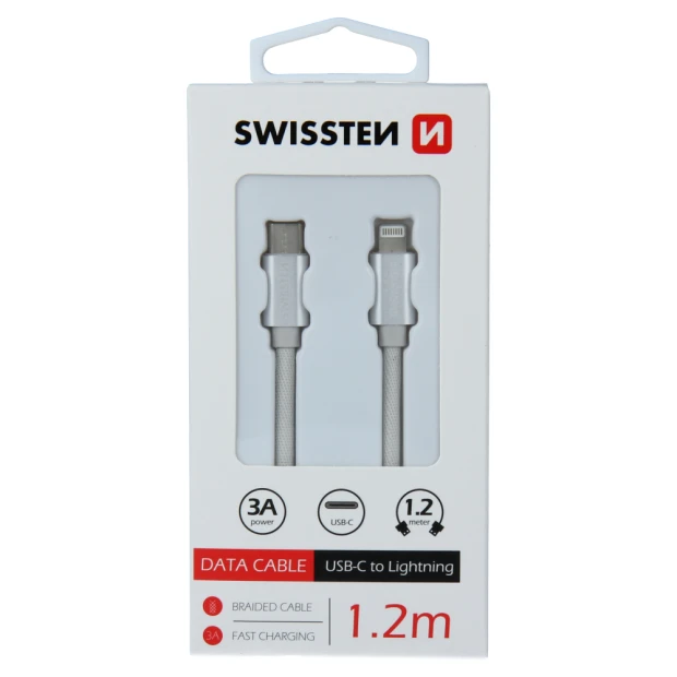 Cablu de date Swissten textil USB-C / Lightning 1,2 m Argintiu
