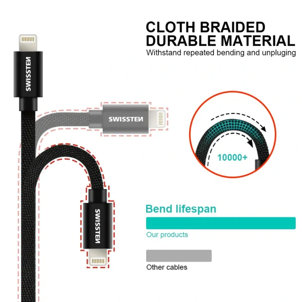 Cablu de date Swissten textil USB-C / Lightning 1,2 m Argintiu