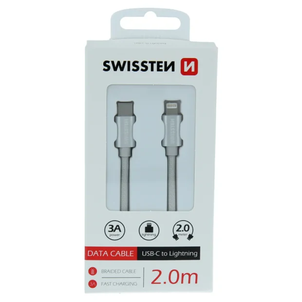 Cablu de date Swissten textil USB-C / Lightning 2,0 m Argintiu
