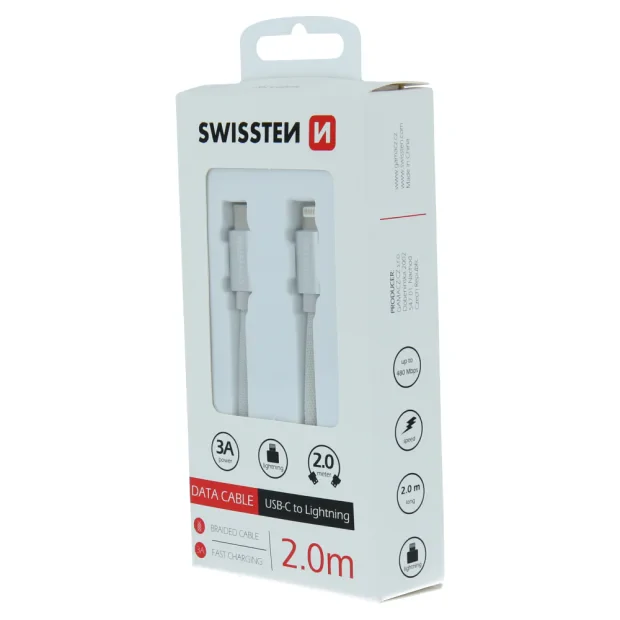 Cablu de date Swissten textil USB-C / Lightning 2,0 m Argintiu