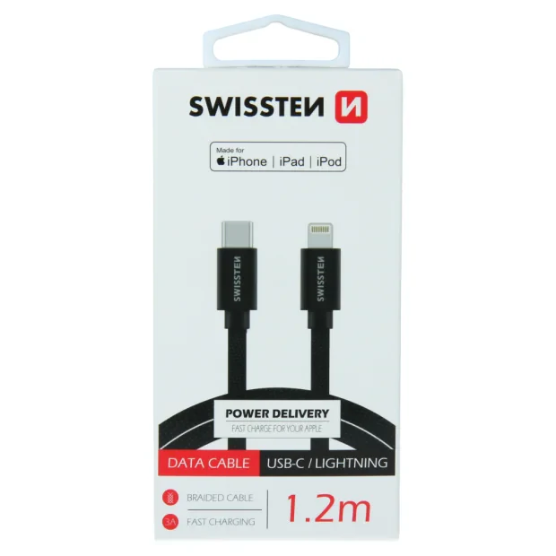 Cablu de date Swissten textil USB-C / Lightning MFI 1,2 m Negru