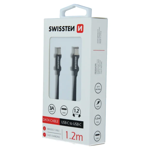 Cablu de date Swissten textil USB-C / USB-C 1,2 m Negru