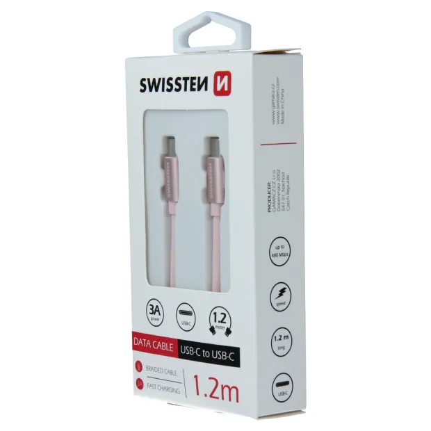 Cablu de date Swissten textil USB-C / USB-C 1,2 m ROZ / Auriu