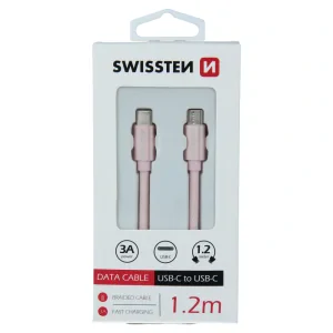 Cablu de date Swissten textil USB-C / USB-C 1,2 m ROZ / Auriu