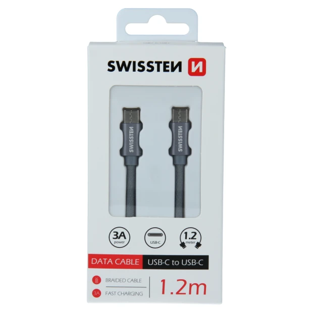 Cablu de date Swissten textil USB-C / USB-C 1,2 m gri