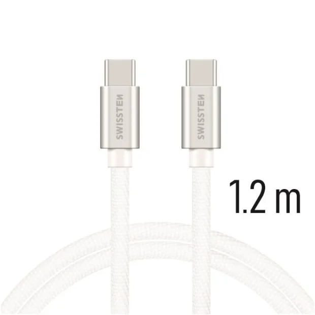 Cablu de date Swissten textil USB-C / USB-C 1,2 m Argintiu