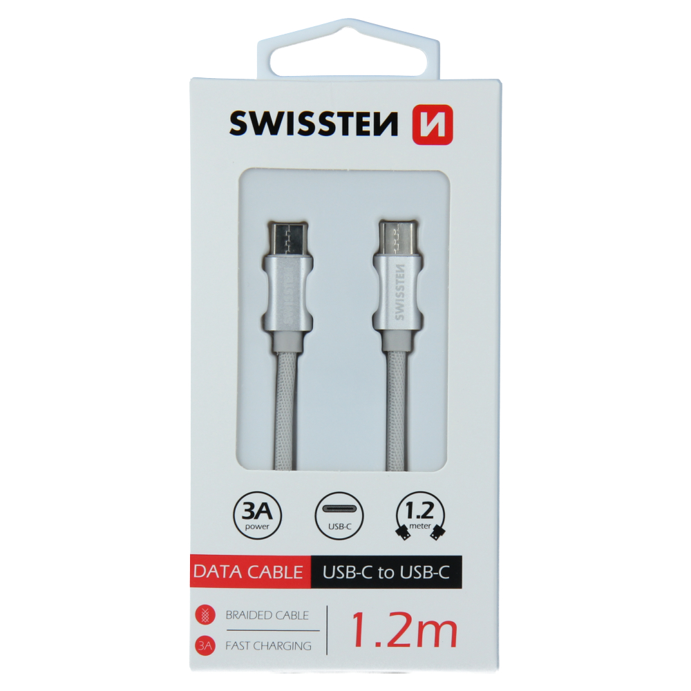 Cablu de date Swissten textil USB-C / USB-C 1,2 m Argintiu thumb