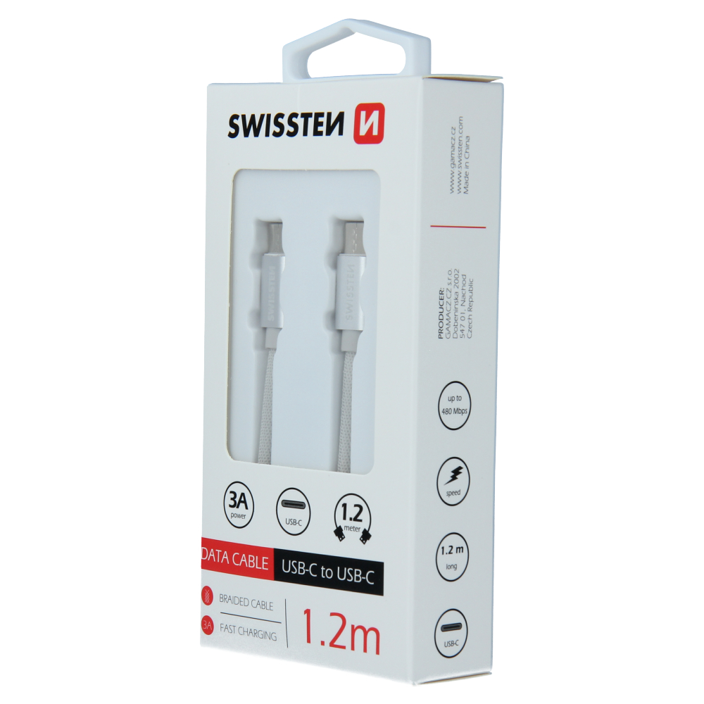 Cablu de date Swissten textil USB-C / USB-C 1,2 m Argintiu thumb