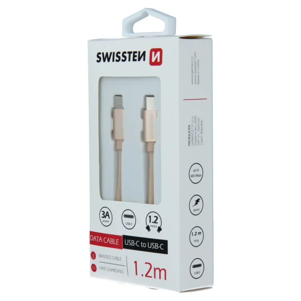 Cablu de date Swissten textil USB-C / USB-C 1,2 m Auriu