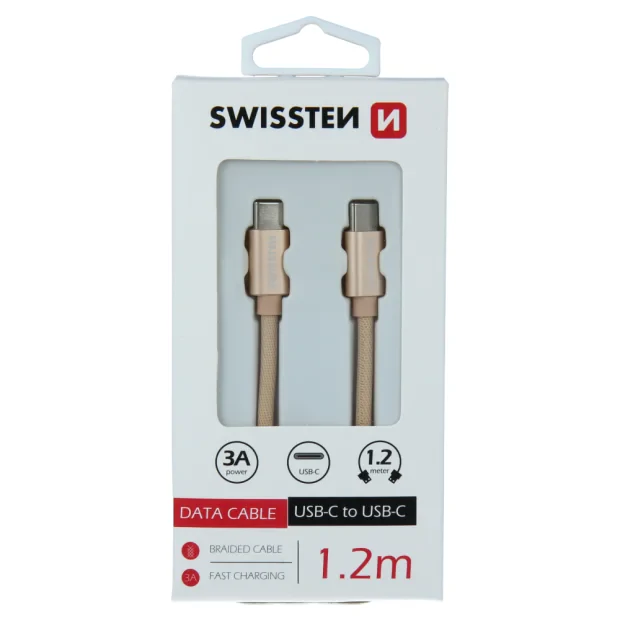 Cablu de date Swissten textil USB-C / USB-C 1,2 m Auriu