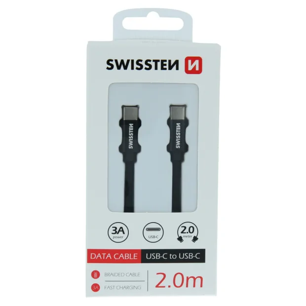 Cablu de date Swissten textil USB-C / USB-C 2,0 m Negru