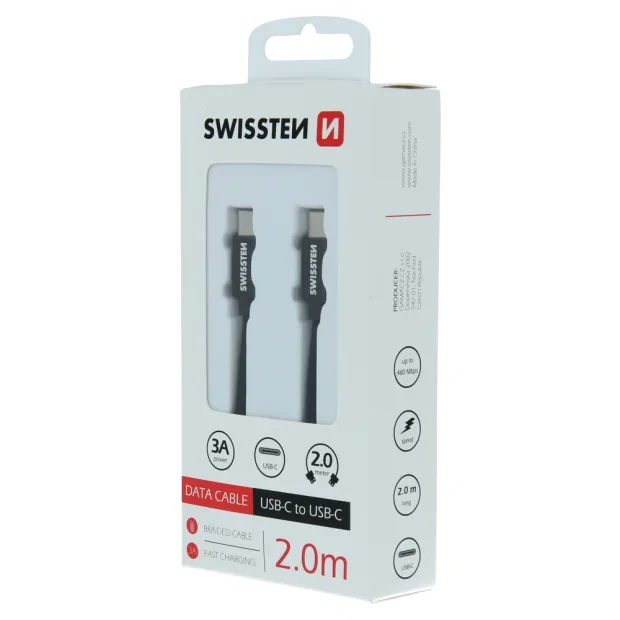 Cablu de date Swissten textil USB-C / USB-C 2,0 m Negru