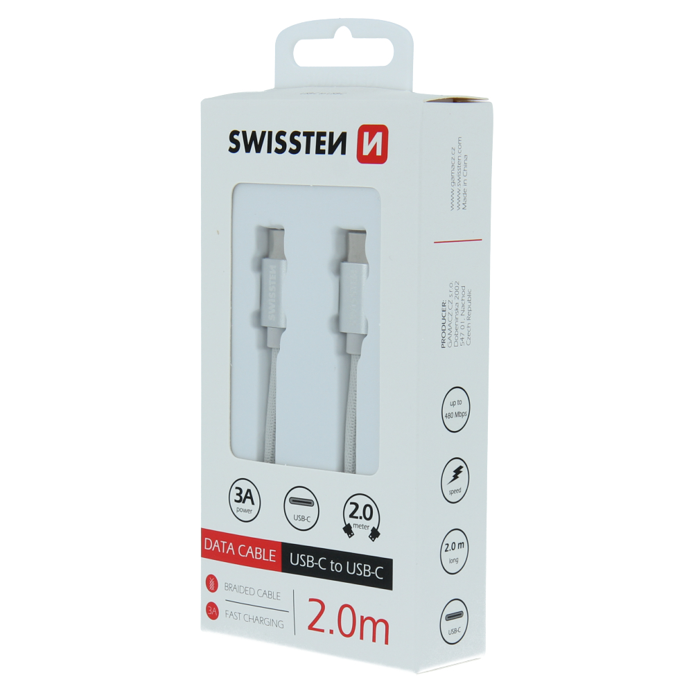 Cablu de date Swissten textil USB-C / USB-C 2,0 m Argintiu thumb