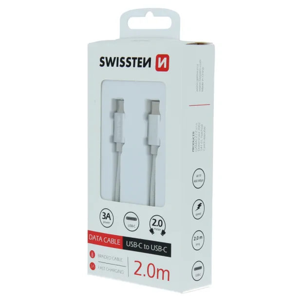 Cablu de date Swissten textil USB-C / USB-C 2,0 m Argintiu
