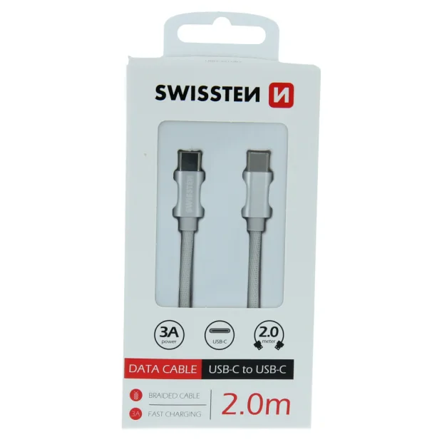 Cablu de date Swissten textil USB-C / USB-C 2,0 m Argintiu