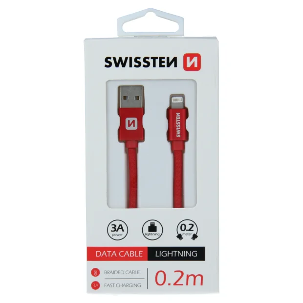 Cablu de date Swissten textil USB / Lightning 0,2 m Rosu