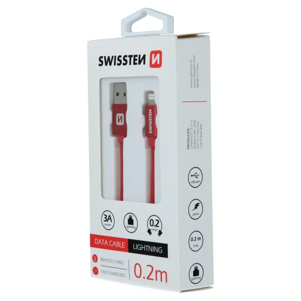 Cablu de date Swissten textil USB / Lightning 0,2 m Rosu