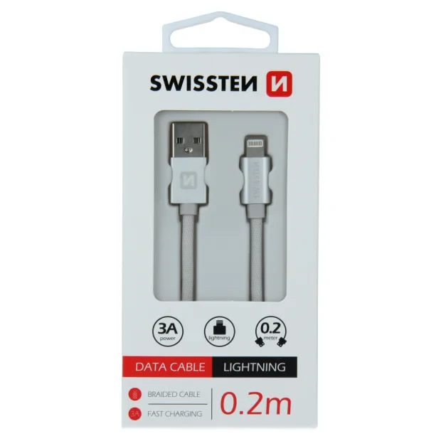 Cablu de date Swissten textil USB / Lightning 0,2 m Argintiu