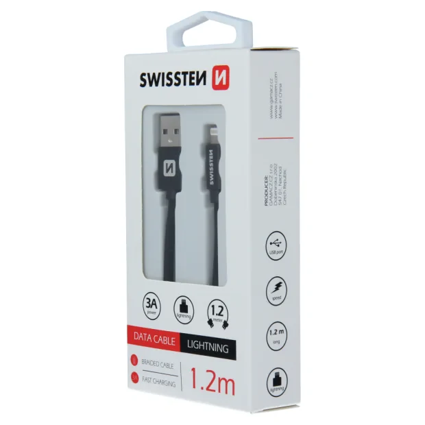 Cablu de date Swissten textil USB / Lightning 1,2 m Negru