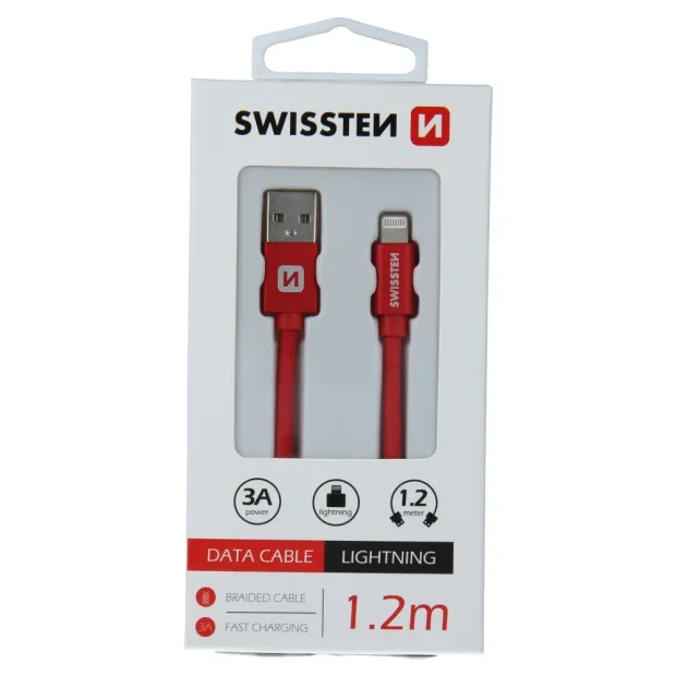 Cablu de date Swissten textil USB / Lightning 1,2 m Rosu