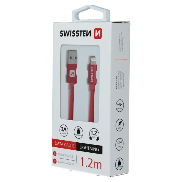 Cablu de date Swissten textil USB / Lightning 1,2 m Rosu
